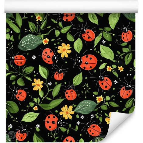 Carta da parati con coccinelle nere e verde oliva per soggiorno e camera da letto 50x1000 cm (1/5)