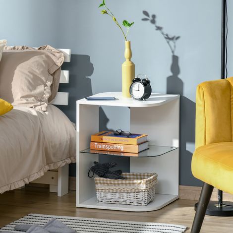 Table d'appoint moderne HOMCOM pour salon, table de chevet à 3 étagères, plateau en verre, table basse pour salon ou chambre, 40 x 40 x 56 cm, blanche