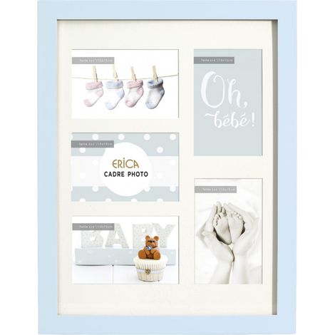 Cadre photos bois 5 vues - ERICA "Oh Bébé " - 44 x 34 x 1,5 cm - Bleu - Livraison gratuite