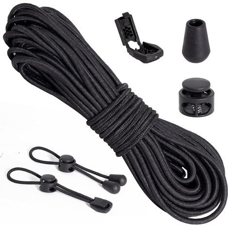 mm x 12 m Gummiseil, 60-teiliges Zubehörset (20 Kabelbinder, 20 Kabelclips, 20 Endkappen), Bungee-Seil mit Gummizug für Camping, Rucksäcke, Kleidung, Schuhe, Heimwerkerprojekte, schwarz (1/5)