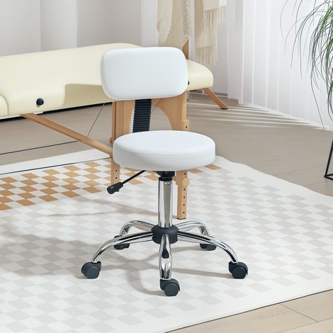 Sgabello girevole con schienale e ruote, regolabile in altezza, ideale per saloni di bellezza e studi di tatuaggi, colore bianco. (1/5)