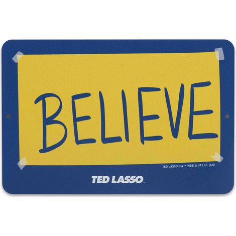 Plaque en métal « Believe » – Petit panneau pour grotte, bureau ou chambre à coucher, doré/bleu (1/5)