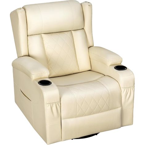 WOLTU Poltrona Relax Reclinabile Regolabile con Poggiapiedi da Soggiorno Camera da Letto Girevole 360° con Funzione Dondolo, Tasche e Portabicchieri, PU, Beige