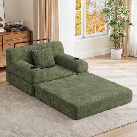 Canapé compact 107x162x60 cm avec dossier haut, 4 poches, 2 porte-gobelets, velours côtelé - vert (1/5)