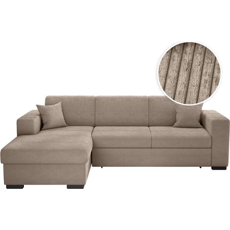 Loungitude – Canapé d'angle convertible avec coffre en velours côtelé – Angle gauche – 5 places – Confort moelleux – Taupe (1/6)