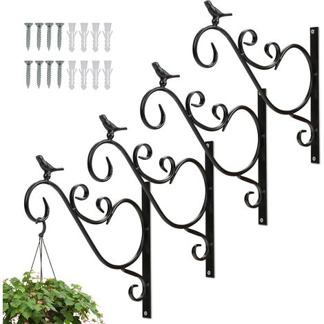 Randaco Gancio per Cesto Appeso da Balcone - Confezione da 4 - Motivo a Uccello - Supporto a Muro in Metallo Nero per Piante da Esterno