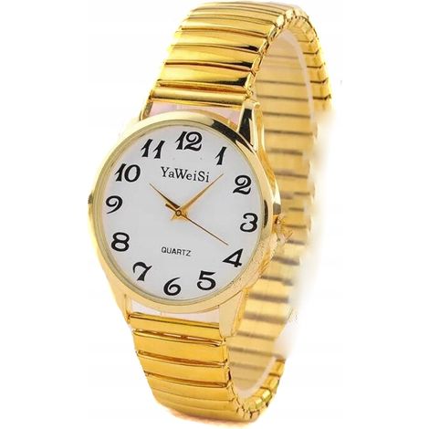 OROLOGIO DA DONNA E DA UOMO COMODO, COMPLETO, CON CINTURINO ELASTICO, BRACCIALE DORATO, Senior