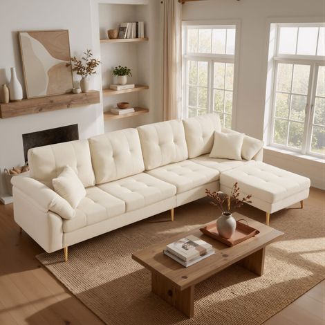 4-Sitzer-Cordsofa 250 cm mit flexiblem Hocker cremeweiß OKWISH (1/5)