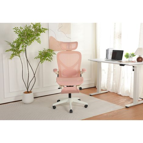 Ergonomischer Klapp-Bürostuhl aus Mesh, 3D Kopfstütze, Verstellbare Lordosenstütze, Klappbare Rückenlehne, Pink (1/5)