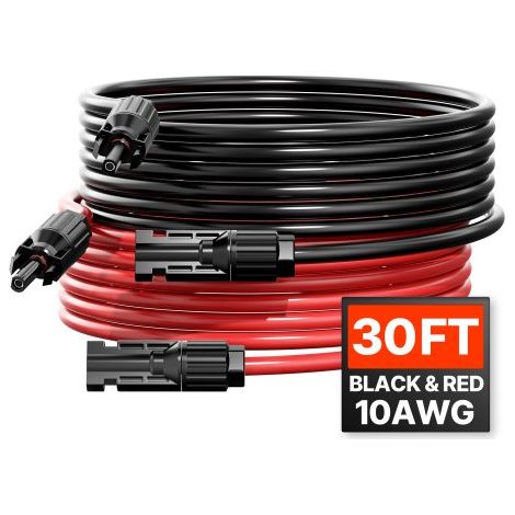9,14 m Solarkabel, Verlängerungskabel 2er-Set, 6mm²/10AWG Kabel mit wasserdichten Buchsen- & Steckeranschlüssen, PV-Kabel für Solarpanele zu Hause, auf Schiffen & in Wohnmobilen, Schwarz + Rot (1/5)