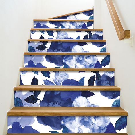 Contremarche Autocollante 19,5 X 100 cm x3, Illustration Fleurs Bleues Aquarelle - Adhésive Décorative pour Murs et Sols (1/2)