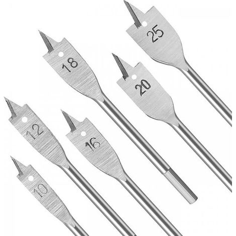 6 Pièces Mèches Plates Plate Forets Plats pour Bois 10mm 12mm 16mm 18mm 20mm 25mm Mèche à Bois Plate pour Le Travail du Bois Argent (1/5)