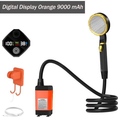 (Orange 9000mAh) Pompe de douche de camping, kit de douche extérieure pour camping-car, douche de camping avec écran numérique intelligent et réglable, outils d'extérieur (1/4)