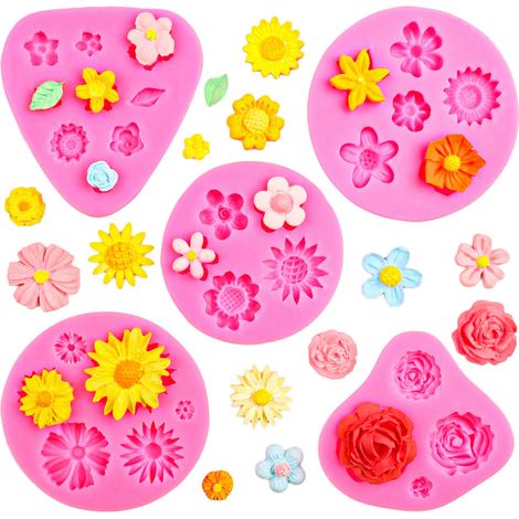 Muffinformen – Formen – Silikon-Blumenkuchenform – Schokolade – Zuckerwatte – Fondant – Fimo-Werkzeuge – 4 Größen – Rosa – 5-teilig (1/4)