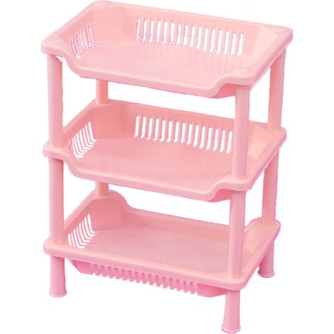Étagère de salle de bain 3 niveaux, support mural en PP, rangement pour salle de bain ou cuisine, couleur rose, forme carrée (1/2)