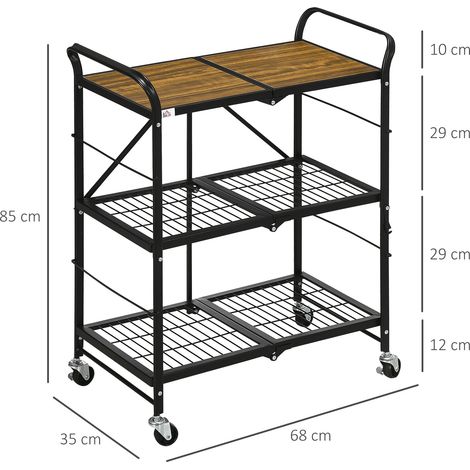 Chariot de cuisine de style industriel à 3 étagères, chariot multifonction, chariot de service, 4 roues, pliable, marron et noir (1/5)