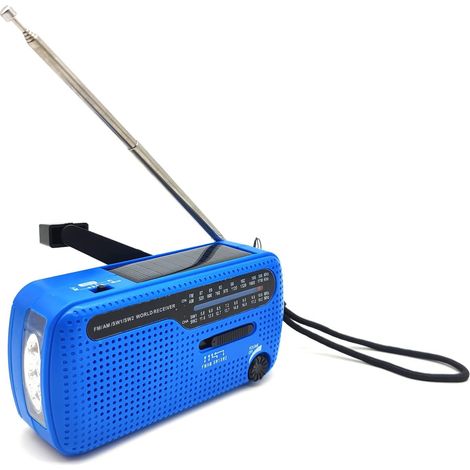 Multifunktionales Notfallradio mit Solarfunktion, Dynamo und Taschenlampe, UKW/MW-Frequenzen, weltweiter Empfang, blaue Farbe