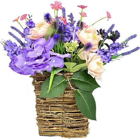 Panier-Porte-Fleurs - Hydrangea - En Rotin Et Tissu Soyeux - 40 Cm - Pour Porte D'Entrée, Porche Ou Mur - Décor Printemps Été - 1 Pièce (1/4)
