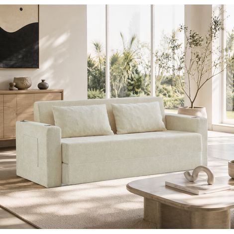 Divano letto 2 posti 153x77x65 cm in ciniglia beige con USB per soggiorno – MEUBLIV (1/5)