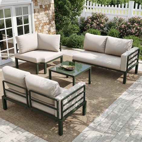 Ensemble de salon de jardin pour 4-5 personnes,canapé d'angle+1 table basse en verre trempé,structure en fer galvanisé avec pieds réglables(beige) (1/5)