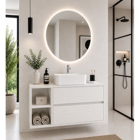 Meuble de salle de bain avec plan bois et vasque à poser ORIGENBATH ZEUS sans miroir 70x45 cm À gauche blanc nordique (1/3)
