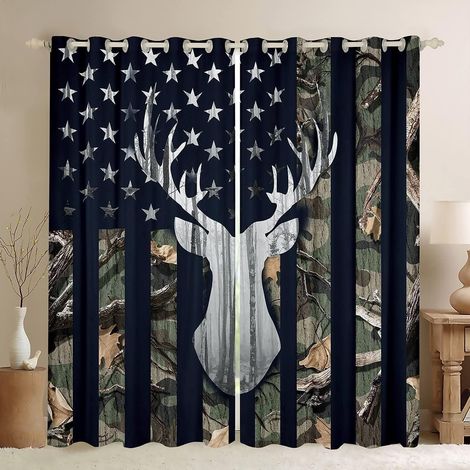 Rideaux camouflage avec drapes du drapeau américain pour fenêtres, rideaux naturels vert camo avec bois de cerf, arbres gris pour salon, rideaux occultants drapes drapeau américain 2 - 66W72L inch2 (1/5)