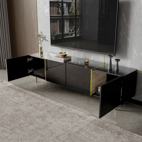 meuble tv rangement noir 170 cm MDF brillant HAVRYA (1/5)