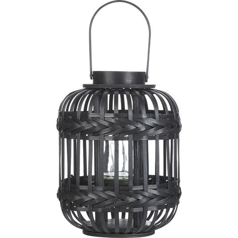 Linterna de madera de bambú negra 30 cm farolillo vidrio boho interior Boracay