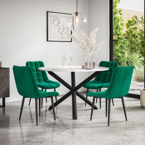 Malvern Round Dining Table And Chairs - Marble Table Top w Solid Black Oak Legs + Nova Velvet Dining Chair Set Of 4 (Green) (1/5)