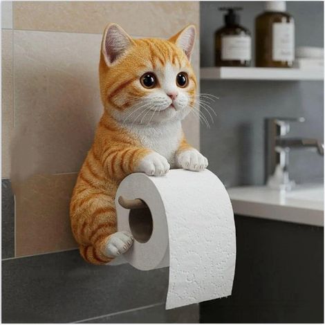 Porte-papier toilette orange en forme de chat accroché au mur (1/4)