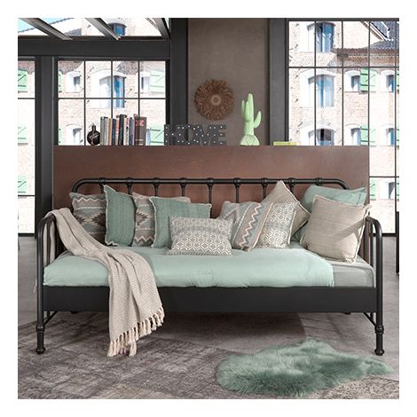 Lit banquette 90x200 cm avec sommier en métal noir - BERGEN