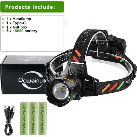 (Boîte à piles neuve) Lampe frontale LED rechargeable 1 000 000 lm - Lampe torche LED frontale longue portée ultra-puissante - Idéale pour la pêche et le camping en extérieur (1/5)