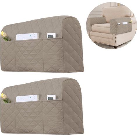 Fundas para reposabrazos de sofá (2 unidades), Funda elástica para sofá, Con 3 bolsillos, Aptas para la mayoría de sofás, Color topo (1/5)
