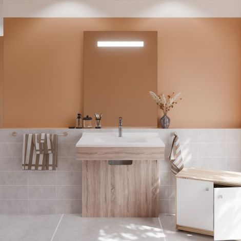 Cuisibane – Meuble PMR 80 cm avec plan vasque simple et miroir LED – Cambrian oak – Hauteur 70 cm – Éclairage 600 lumens – Corps en panneaux mélaminés - ht105