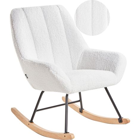 Elegante sedia a dondolo Boucle Tappezzeria Teddy Metallo Gambe nere Braccioli Ampio schienale Soggiorno Bianco sporco Kinno
