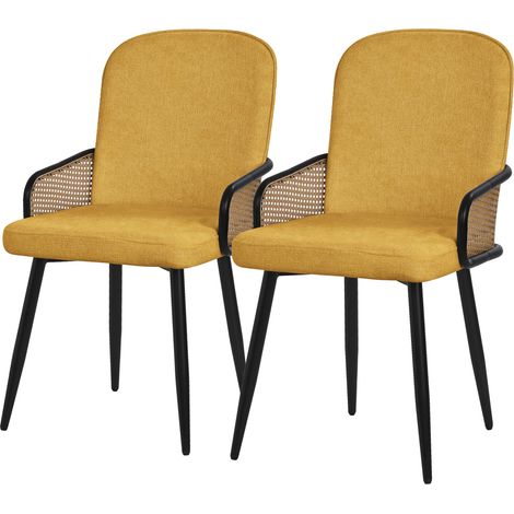 ML-Design Set di 2 Sedie da Sala Pranzo Senape con Rivestimento in Tessuto, Gambe in Metallo, con Braccioli Effetto Rattan, Poltrona Imbottita, Poltroncina Ergonomica da Soggiorno e Cucina (1/5)