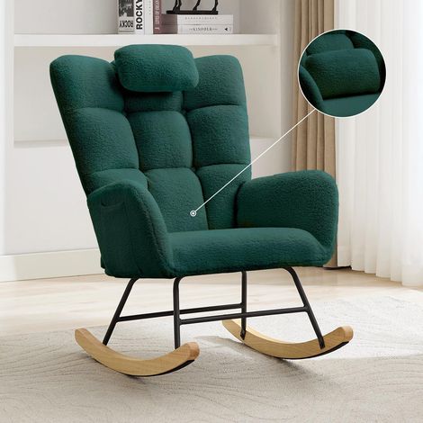 IDEALHOUSE Fauteuil à Bascule Dossier Haut Ergonomique Confort Tissu polaire ultra-doux, mousse haute densité, base bois massif - Dark Green (1/5)