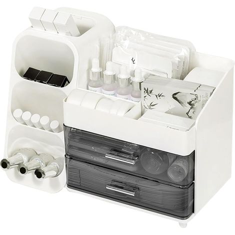 Organisateur Maquillage - 1 Unité - Plastique Blanc - 2 Tiroirs et Compartiments - Pour Salle de Bain et Coiffeuse - 35 x 19 x 25 cm (1/5)