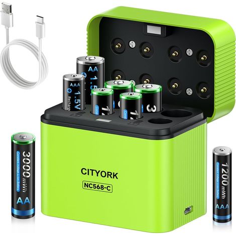 Piles AA AAA rechargeables au lithium 1,5 V avec chargeur, 4 piles AA 3000 mWh + 4 piles AAA 1200 mWh avec boîte de rangement intégrée (1/5)