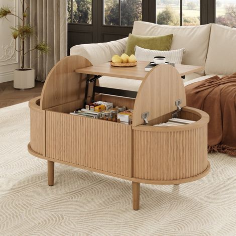 Mesa baja ovalada elevable de 100 cm - Roble natural - Tablero ajustable, espacio de almacenamiento integrado y patas de madera maciza - Roble (1/5)