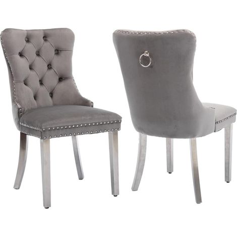 Lot de 2 chaises de salle à manger en velours gris, pieds acier inoxydable, capitonnées (1/5)