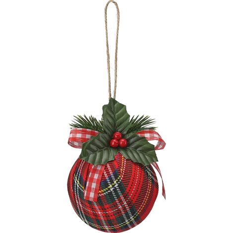 Boule de Noël rouges à carreaux avec nœud et feuilles vertes et baies rouges pour sapin de Noël, fête, maison,8cm (1/5)