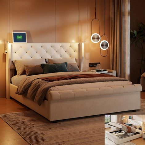 Lit coffre lit double lit rembourré - 160x200 cm - Velours Beige - Lampes de Chevet LED avec USB - Tête de Lit Capitonnée Luxueuse