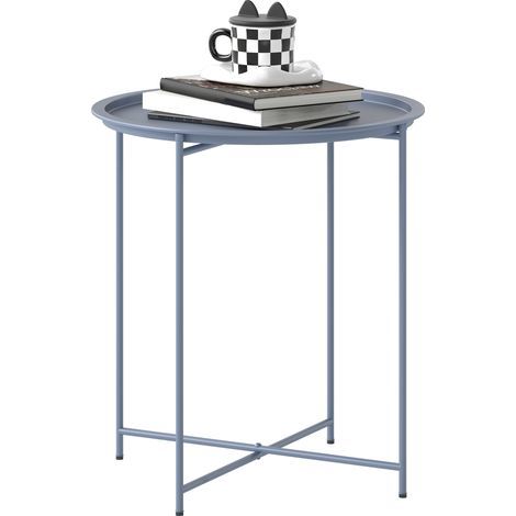 Round Coffee Table, Side Table with Removable Top and Raised Edge, Folding Metal Legs, Ø46x53cm, Blue Grey (1/5)