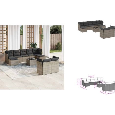 10-tlg. Garten-Sofagarnitur mit Kissen Grau Poly Rattan - Gartenmöbel Set - PE-Rattan Möbel - Outdoor Sofa - Esstisch - Lounge Set (1/3)