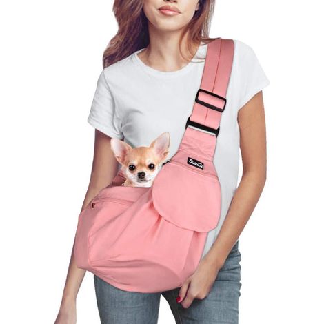 Sac de transport pour chien et chat, bandoulière réglable, sac à main de voyage respirant et confortable pour petits animaux, rose (1/5)