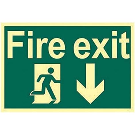Photoluminescent Fire Exit Running Man Sign with Arrow Down – 300 x 200mm, Single Unit (1/2)
