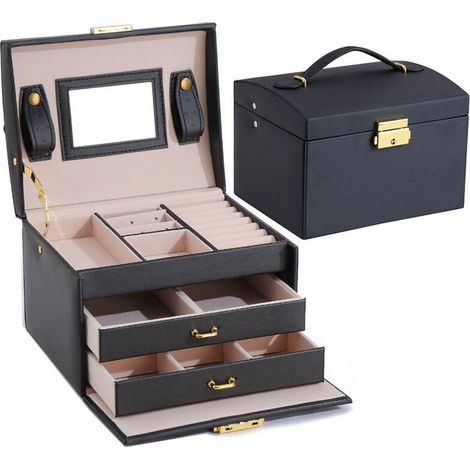 Boîte à Bijoux, Coffret pour Bijoux Boîte à Maquillage Bijoux et cosmétique Beauty Case à 3 Couches en Simili Cuir avec 2 Tiroirs, Noir (1/5)