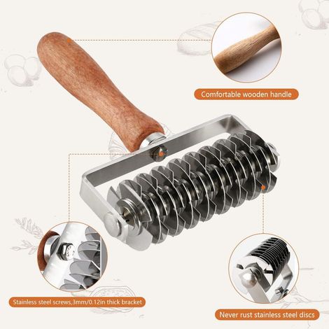 Pizza-Gitterroller, Teigroller für den Haushalt, Gitter-Ausstecher mit Holzgriff, manueller Nudelschneider, Teigschneider, Edelstahl, Backutensilien aus Edelstahl für Kekse und Pizzateig (1/5)