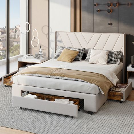 Lit double 140x200cm avec 3 tiroirs en bois massif, lit adulte avec sommier à lattes, lit capitonné avec rangements, lin, beige (1/5)